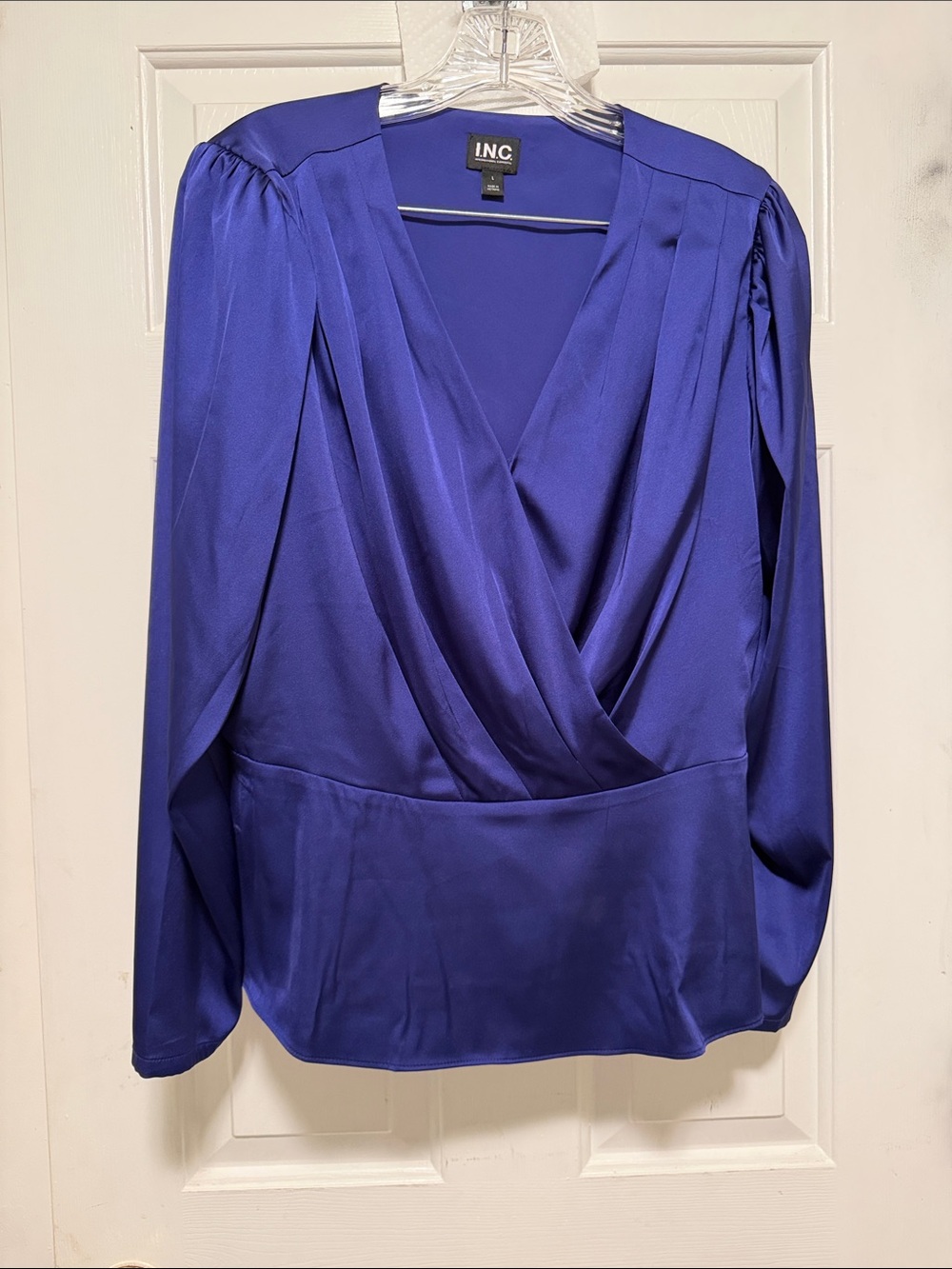 INC International Concepts Sapphire Blue Satin Wrap Blouse
